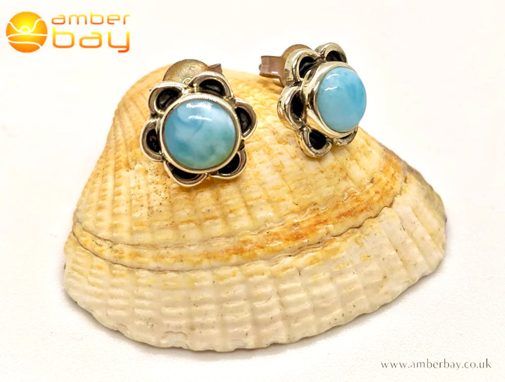 Sterling Silver and Larimar Flower Stud Earrings