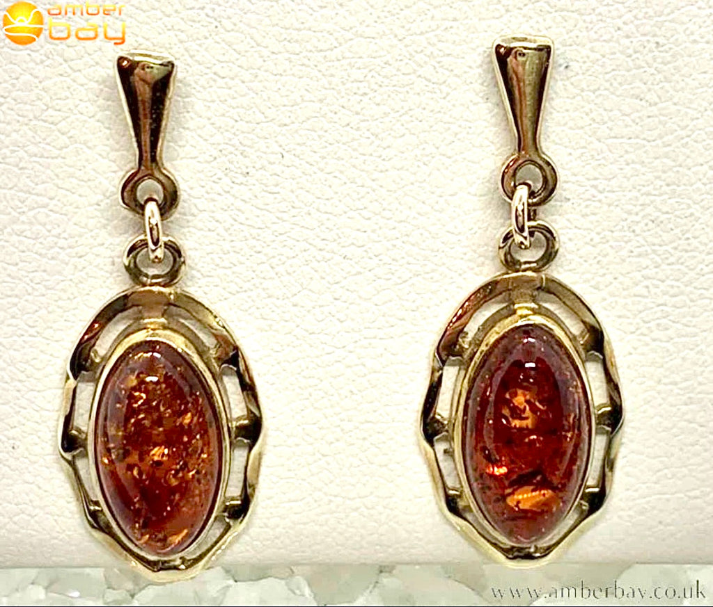 9ct Yellow Gold Cognac Baltic Amber Drop Earrings