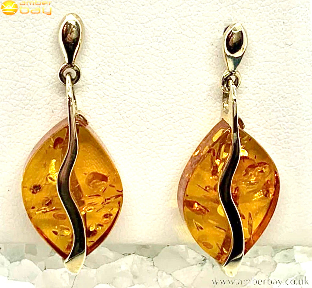 9ct Yellow Gold Cognac Baltic Amber Drop Earrings
