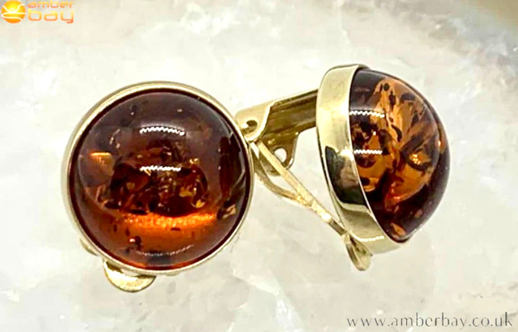 9ct Yellow Gold Cognac Baltic Amber Clip On Earrings