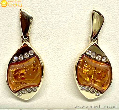 9ct Yellow Gold Cognac Baltic Amber and Diamond Drop Earrings