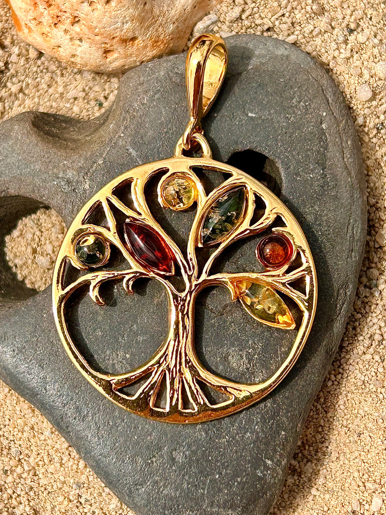 Sterling Silver, gold Vermiel and Amber Tree of Life Pendant