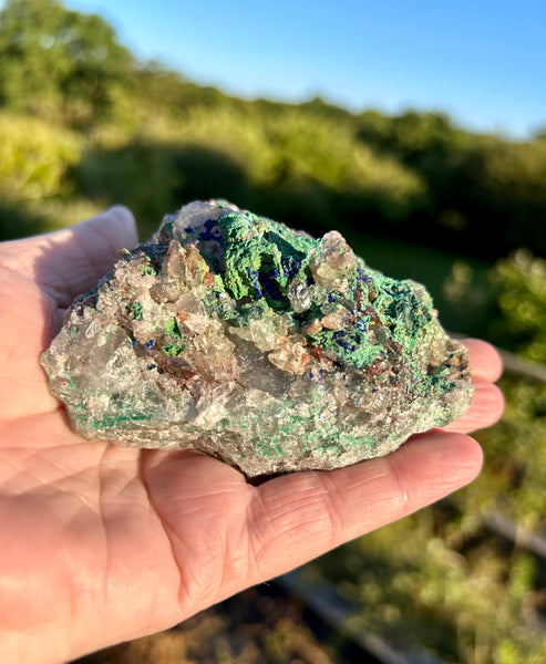 Raw Specimen Chrystalite Azurite, with Green Malachite and Quartz