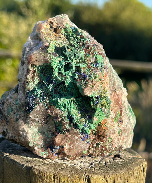 Raw Specimen Chrystalite Azurite, with Green Malachite and Quartz