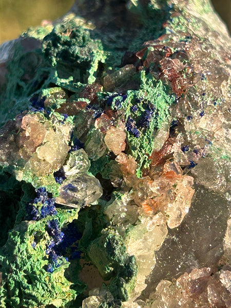 Raw Specimen Chrystalite Azurite, with Green Malachite and Quartz