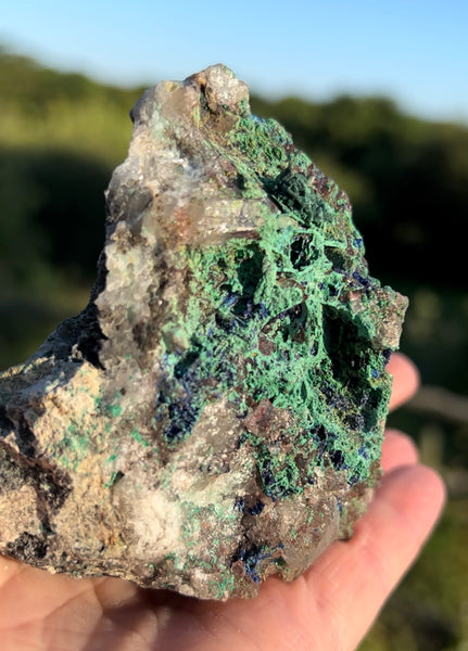 Raw Specimen Chrystalite Azurite, with Green Malachite and Quartz