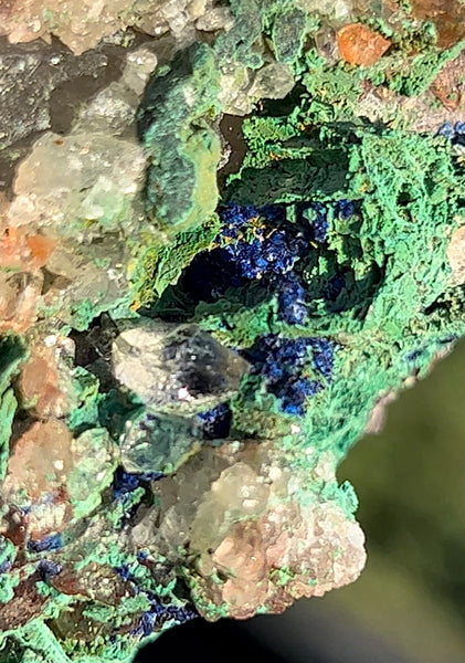 Raw Specimen Chrystalite Azurite, with Green Malachite and Quartz