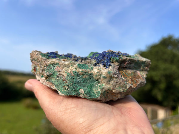 Raw Specimen Chrystalite Azurite, with Green Malachite and Quartz