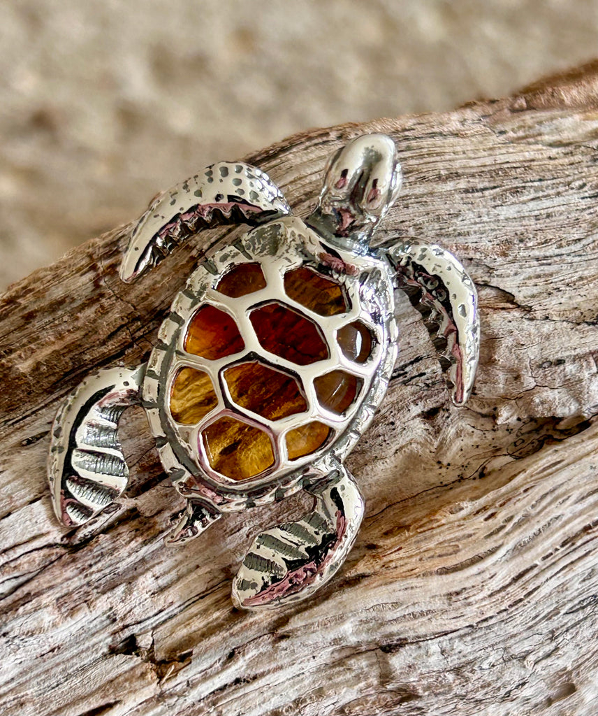 Sterling Silver and Cognac Amber Sea Turtle pendant
