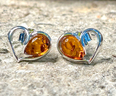 Sterling Silver and Amber Heart Studs
