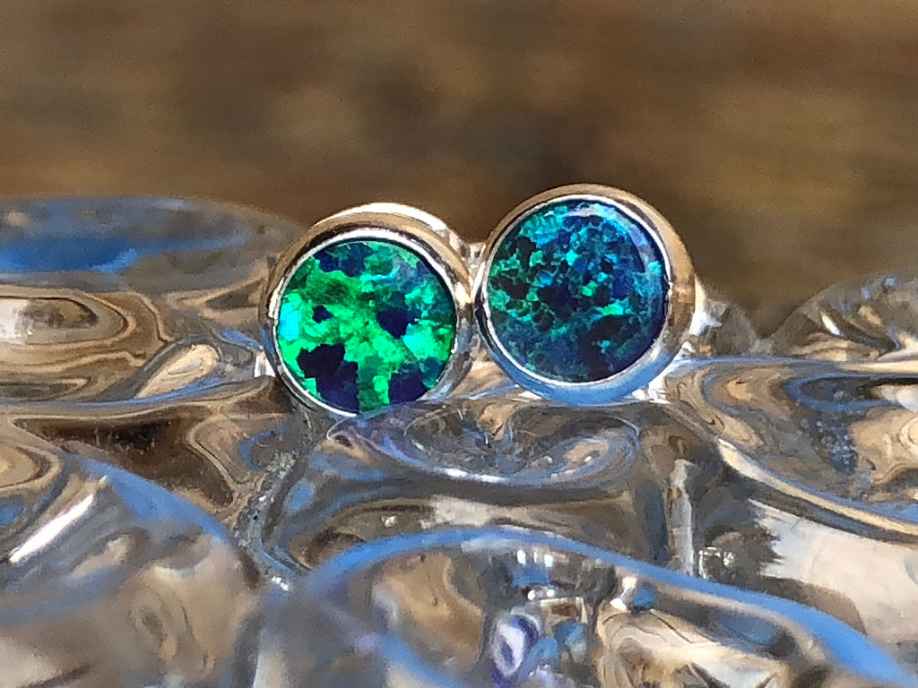 Sterling Silver and blue Opalique round Ear Studs