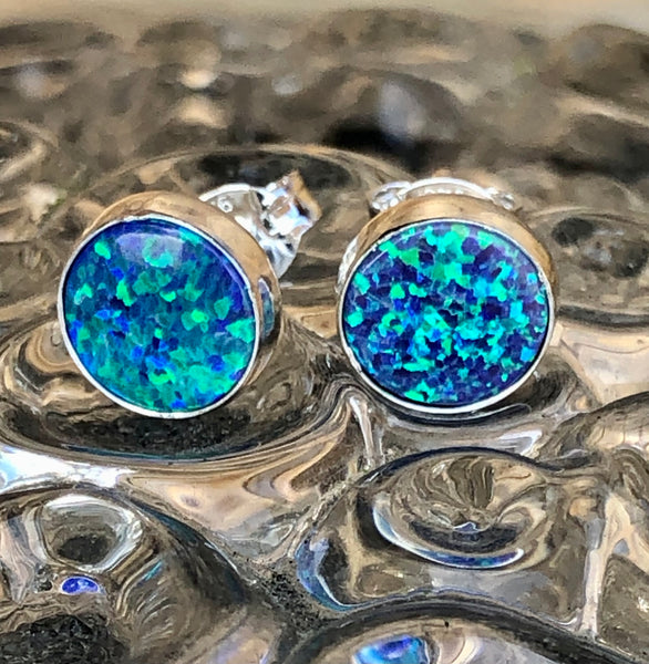 Sterling Silver and blue Opalique Round Ear Studs