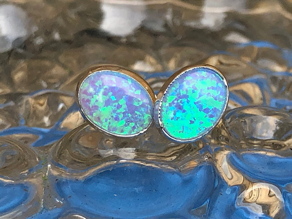 Sterling Silver and blue Opalique Oval Ear Studs
