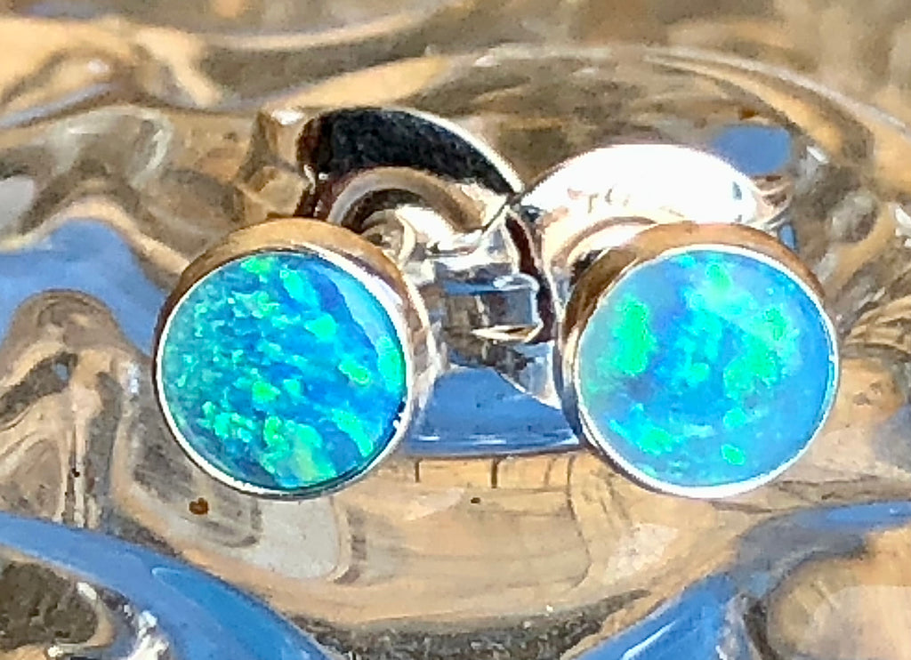 Sterling Silver round Opalique Ear Studs