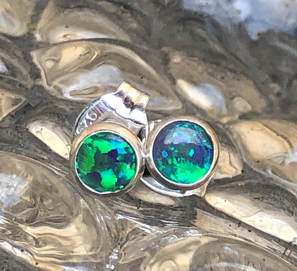 Sterling Silver and blue Opalique Ear Studs