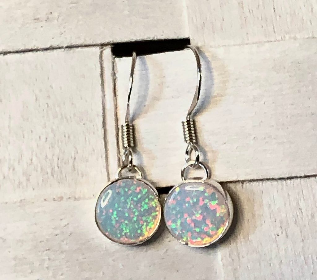 Sterling Silver and White Opalique Round Drop Earrings