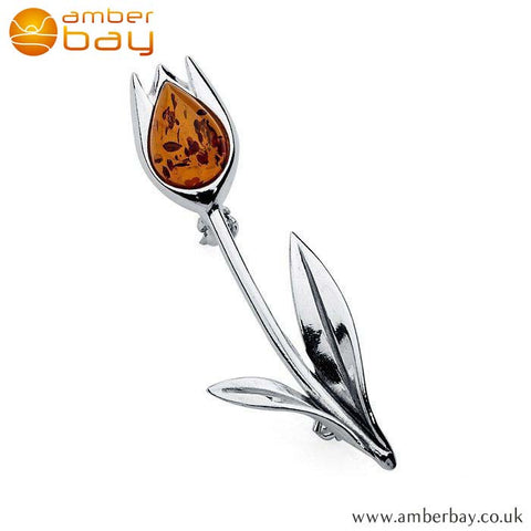 Silver and Cognac Amber Flower Brooch at Amber Bay