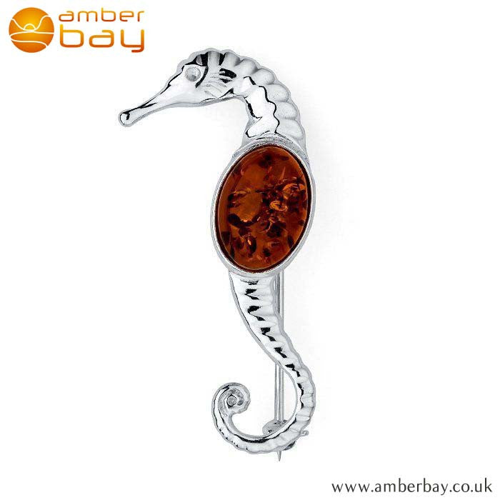 Silver Amber Seahorse Brooch BCH218 at Amber Bay
