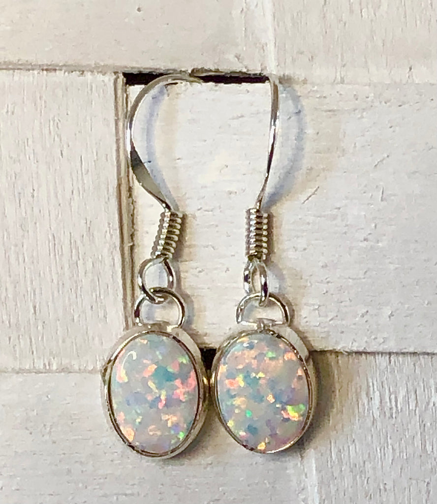 Sterling Silver and White Opalique Oval Drop Earrings