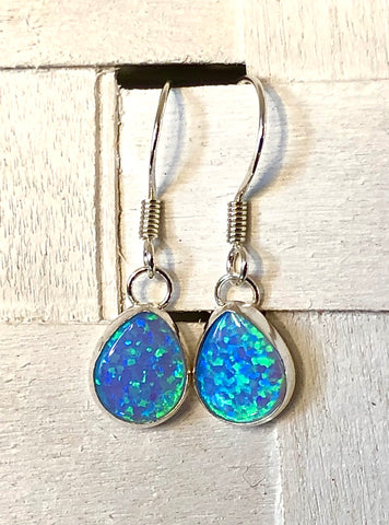 Sterling Silver and Blue Opalique Teardrop shape Drop Earrings