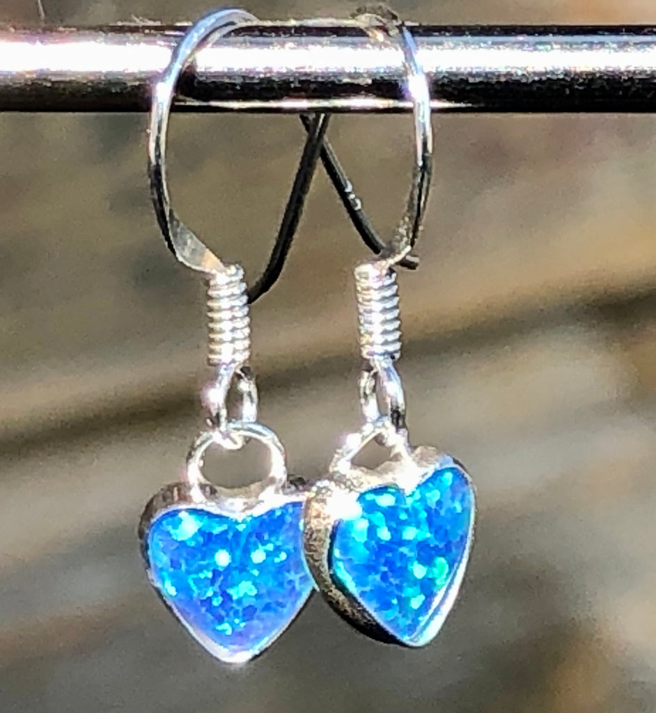 Sterling Silver and Blue Opalique Heart Drop Earrings