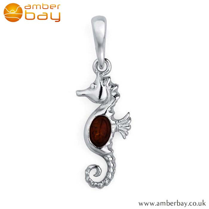 Silver and Cognac Amber Seahorse Pendant P208 at Amber Bay