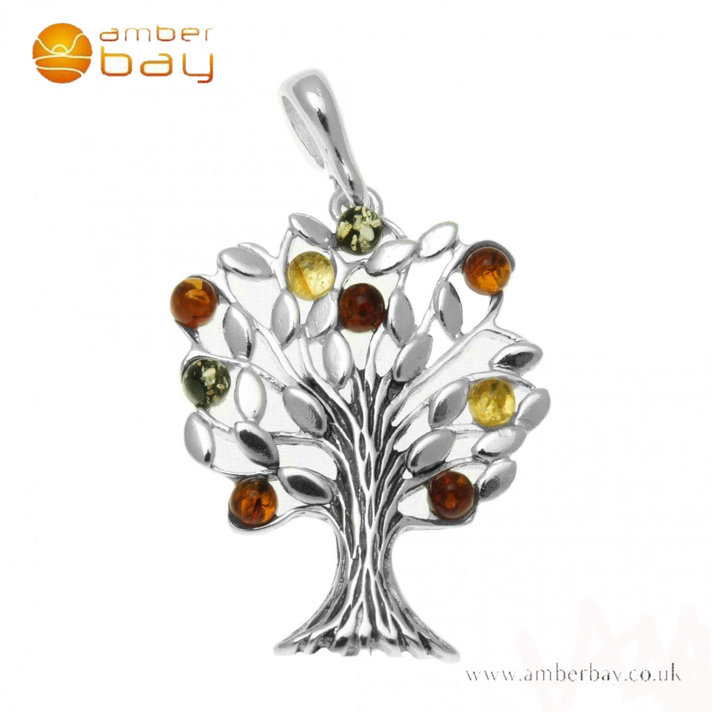 Silver Mixed Amber Tree of Life Pendant