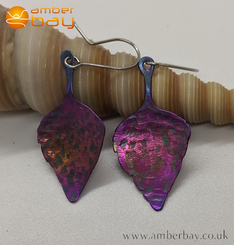 Coloured Titanium Leaf Drop Earrings