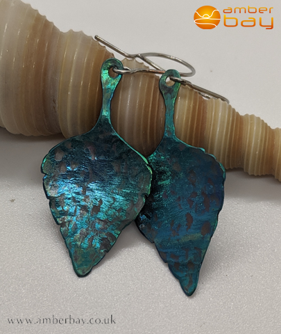 Coloured Titanium Green Leaf Drop Earrings