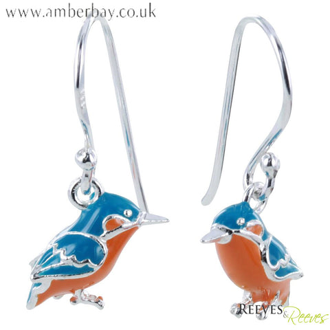 Silver and Enamel Kingfisher Drop Earrings