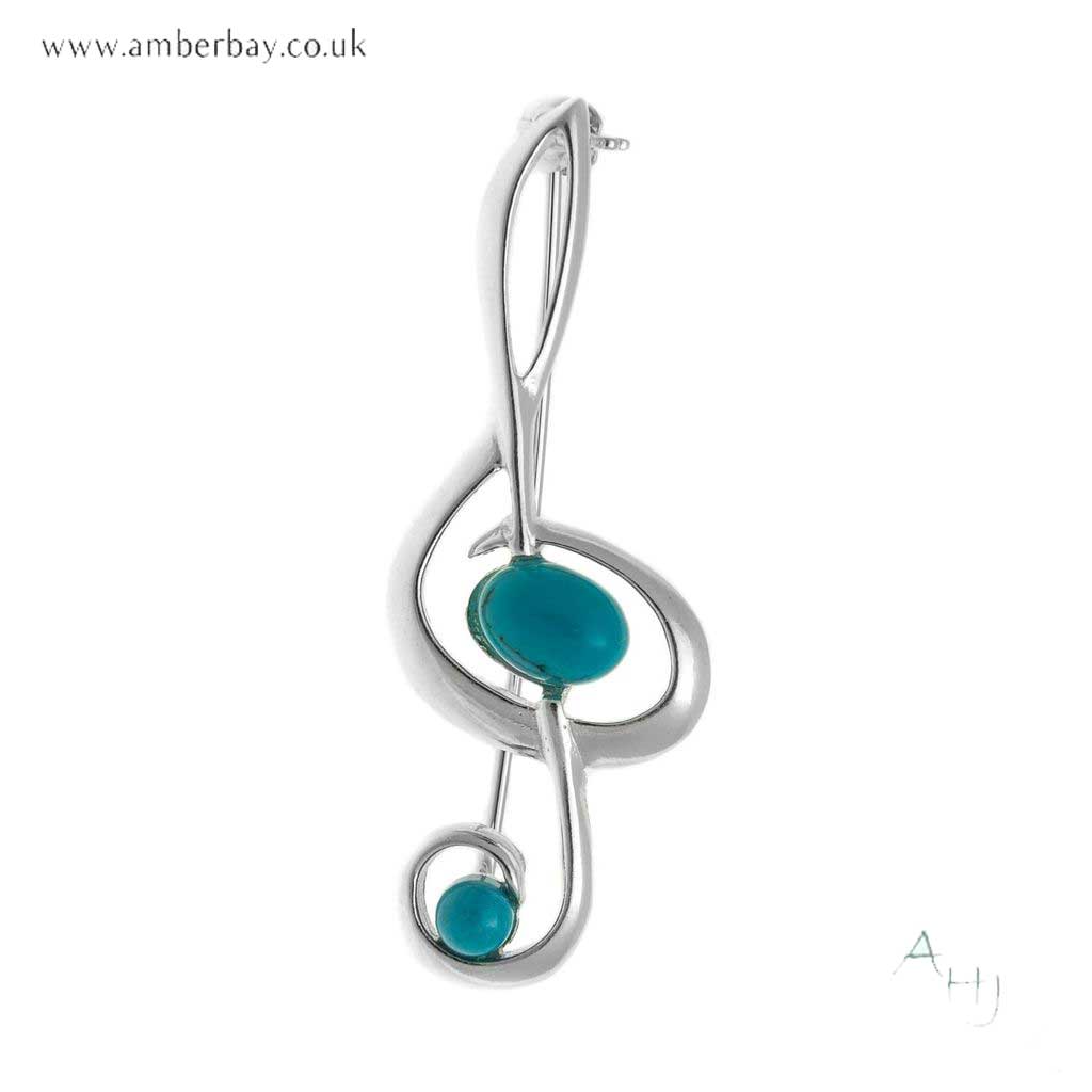 Silver and Turquoise Treble Clef Brooch