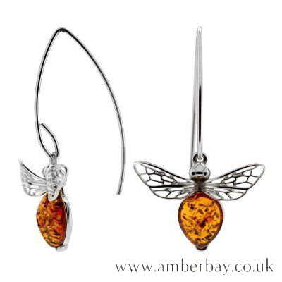 Sterling Silver and Cognac Amber Bee Drop Earrings