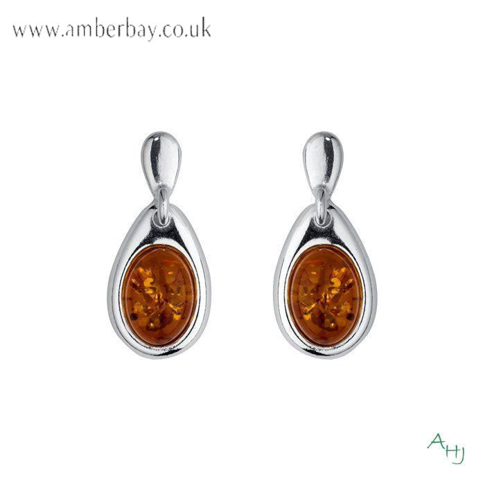 Sterling Silver and Cognac Amber Drop Earrings