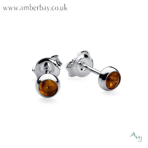 Sterling Silver and Cognac Amber Stud Earrings