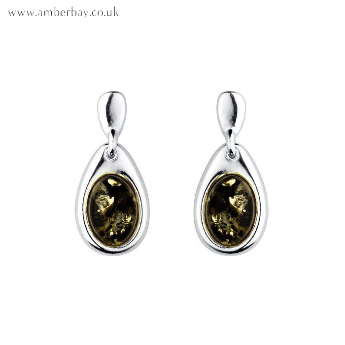 Silver and Green Amber Drop Earrings