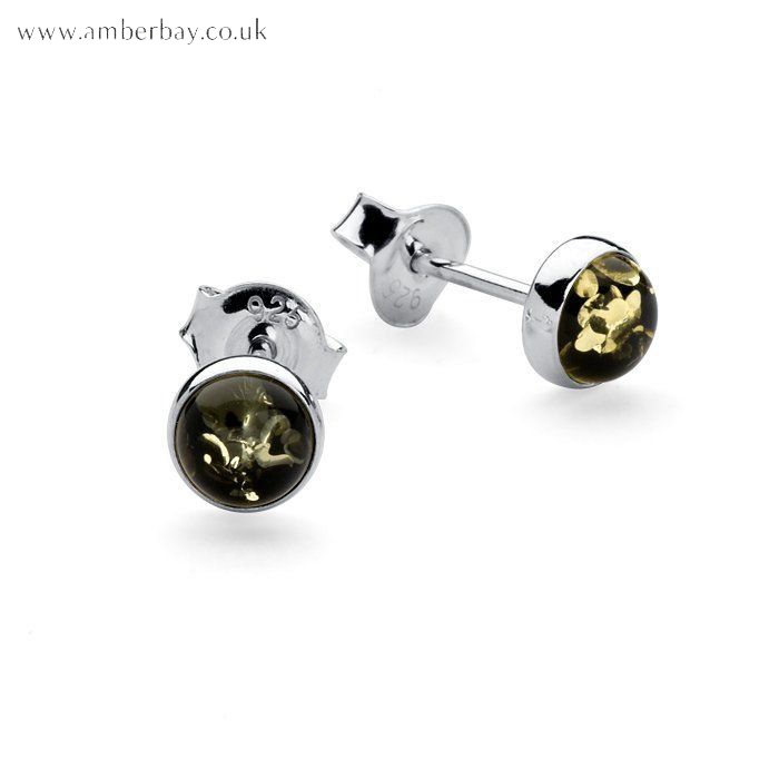 Silver and Green Amber Stud Earrings