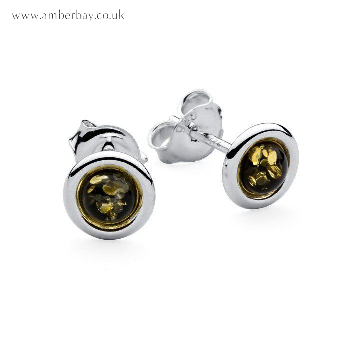 Silver and Green Amber Stud Earrings