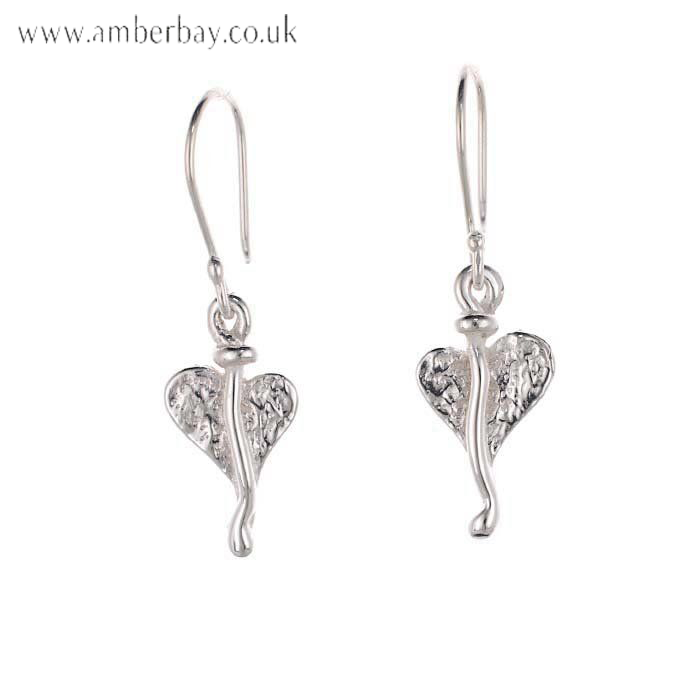 Sterling Silver Hammered Heart Drop Earrings