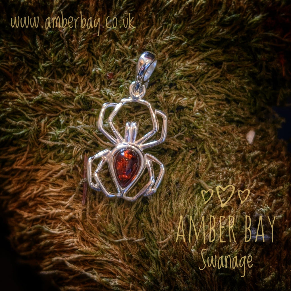 Sterling Silver and Baltic Cognac Amber Spider Pendant
