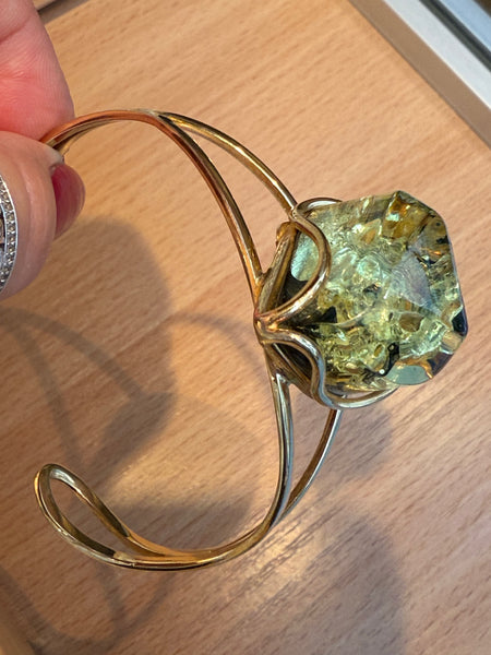 Gold plated silver and green amber bangle