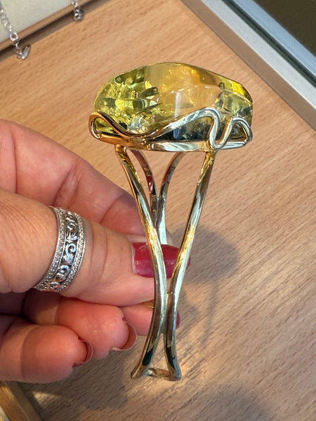 Gold plated silver and green amber bangle