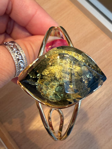 Gold plated silver and green amber bangle
