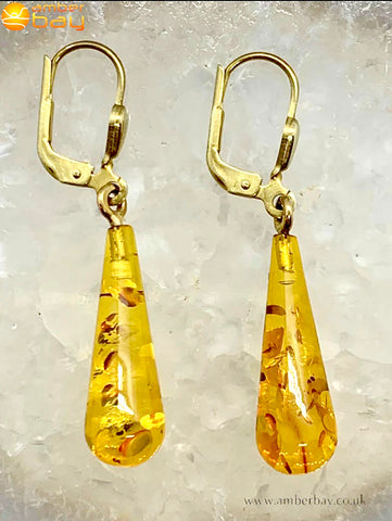 9ct Yellow Gold and Cognac Baltic Amber Drop Earrings