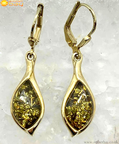 9ct Yellow Gold Green Baltic Amber Drop Earrings