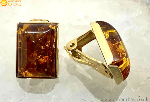 9ct Yellow Gold Cognac Baltic Amber Clip On Earrings