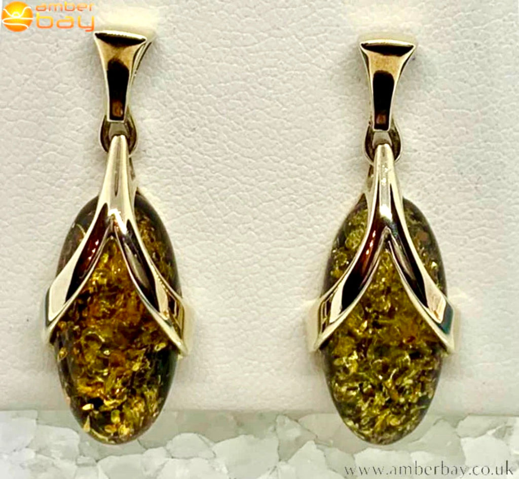 9ct Yellow gold and Green Baltic Amber Drop Earrings