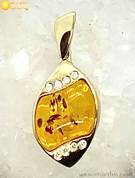 9ct Yellow Gold Cognac Baltic Amber and Diamond Pendant