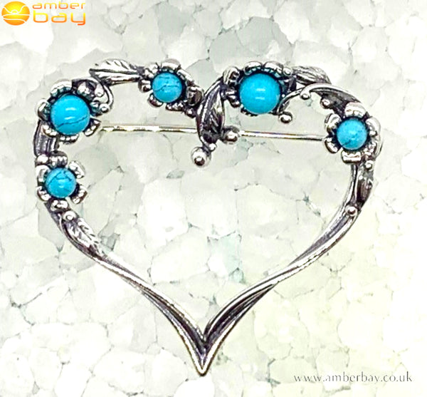 Sterling Silver and Turquoise Flower/Heart Brooch