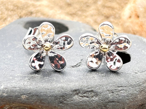 Sea Gems Sterling Silver & Gold Hammered flower studs