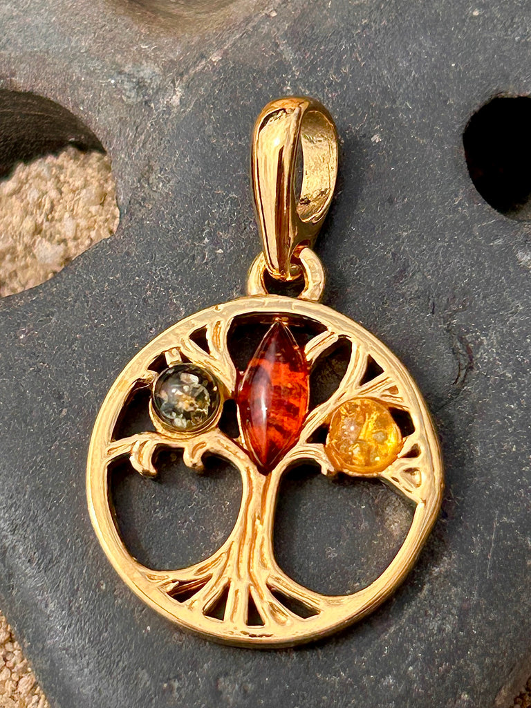 Sterling Silver, gold Vermiel and Amber Tree of Life Pendant